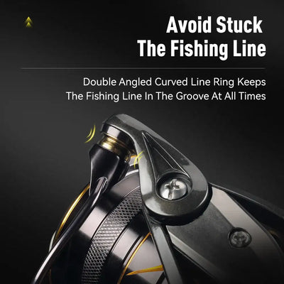 Line guide and spool roller area on a spinning reel with curved line ring detail