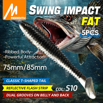 Meredith paddle tail soft plastic 5-pack, black ribbed body with silver highlights, hooked.