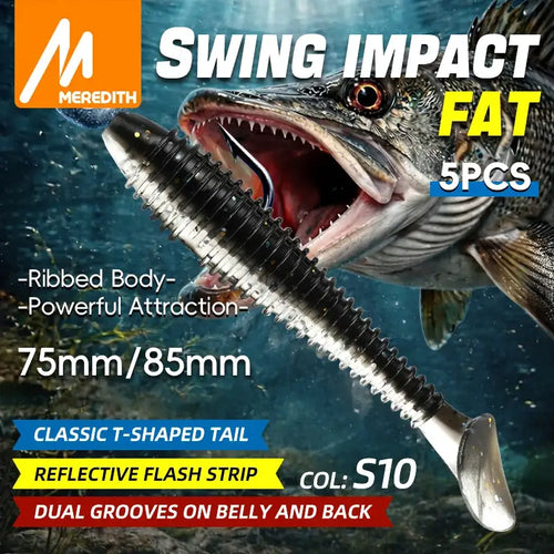 Meredith paddle tail soft plastic 5-pack, black ribbed body with silver highlights, hooked.