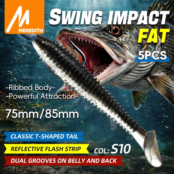 Meredith paddle tail soft plastic 5-pack, black ribbed body with silver highlights, hooked.