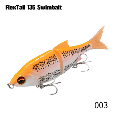 Jointed pencil swimbait in orange and white with black dots, silver tail, treble hooks