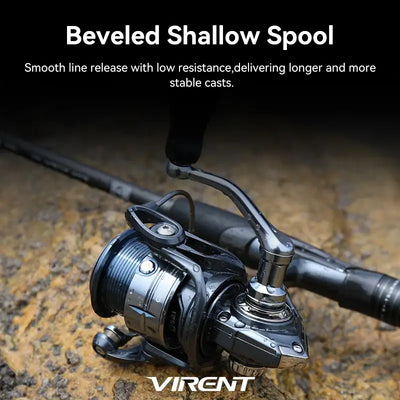 Spinning reel with hollow spool and line release, mounted on fishing rod