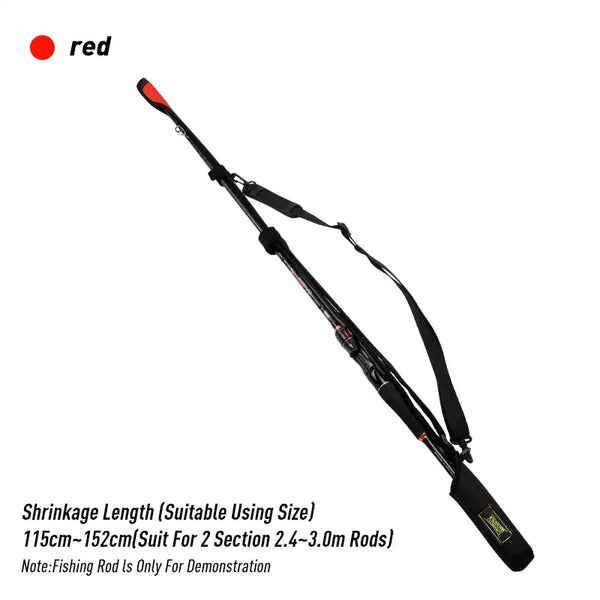 Black fishing rod protection rope with red trim, adjustable shoulder strap, and end sleeve