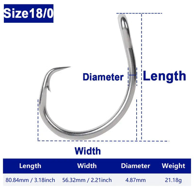 Stainless steel circle fishing hook, Size 18/0, saltwater heavy duty