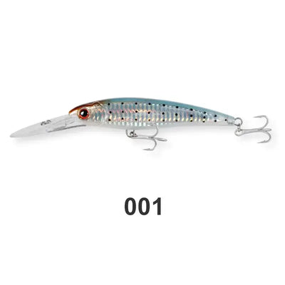 Saltwater trolling minnow wobbler in silver-blue with speckled pattern and two treble hooks