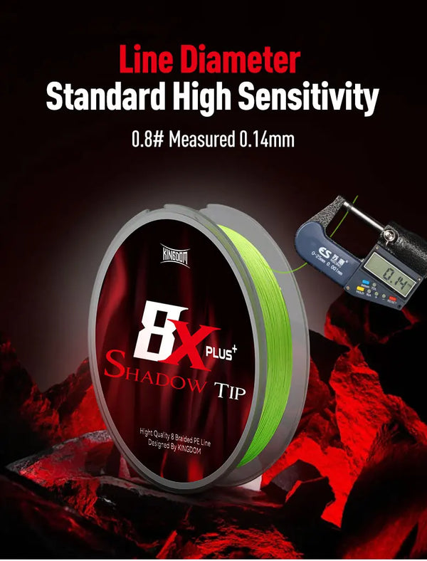 Green braided fishing line spool with digital scale for line diameter display