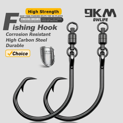 Circle fishing hooks with swivels, dark finish, high carbon steel, sharp curved tips