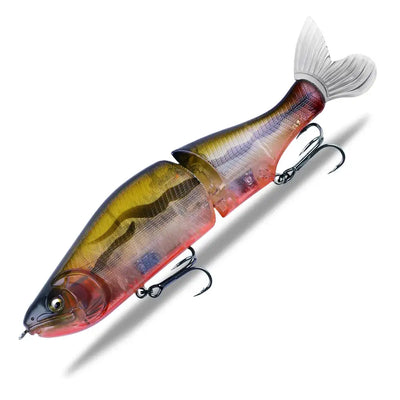 Jointed minnow fishing lure, red-blue gradient with gold belly and silver hooks