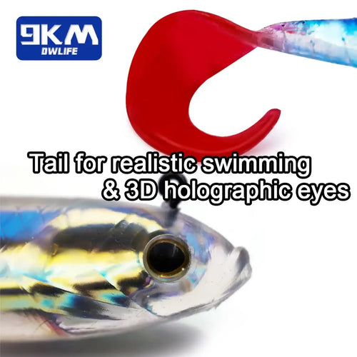 Blue-and-silver swimbait lure with large dark eye and red paddle tail