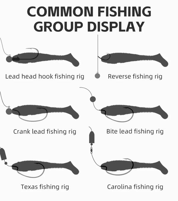Common fishing rigs display with dark soft bait shown for multiple rig types.