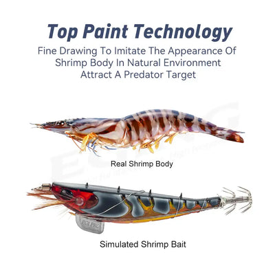 Two shrimp-style sinking squid jig lures: top natural shrimp, bottom simulated shrimp