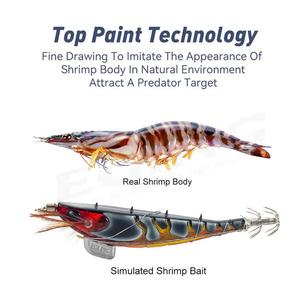 Two shrimp-style sinking squid jig lures: top natural shrimp, bottom simulated shrimp