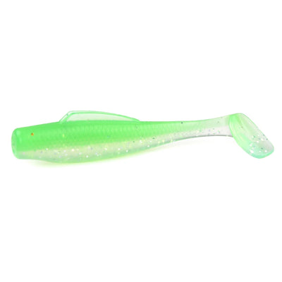Soft plastic paddle tail minnow lure, neon green translucent with light speckles