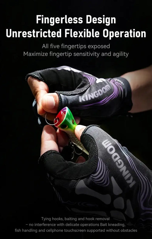 Black and purple fingerless fishing gloves with exposed fingertips and cushioned palm