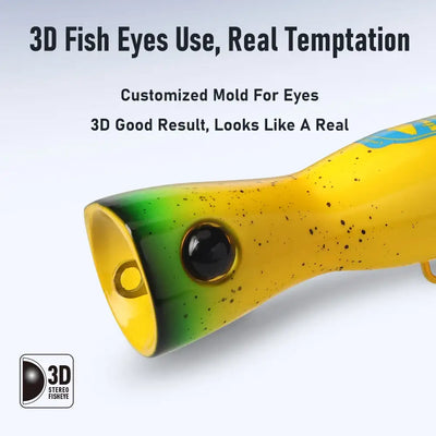 Yellow floating popper lure with green underside, round black eye, gold front cup