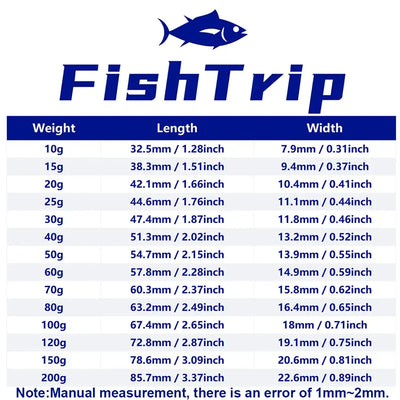 Willow leaf lead sinker weight, length, and width size chart (10g–200g)