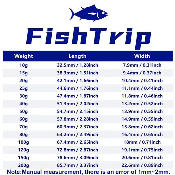 Willow leaf lead sinker weight, length, and width size chart (10g–200g)
