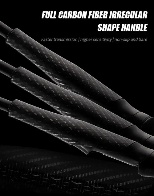 Fishing rod full carbon fiber irregular shape handle detail on black background