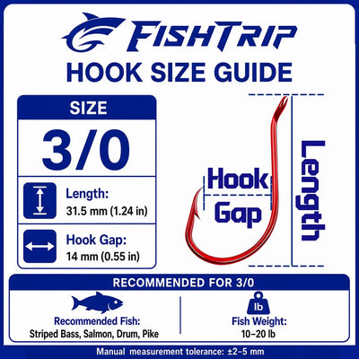 Red offset circle fishing hook size 3/0 on size guide card with hook gap info