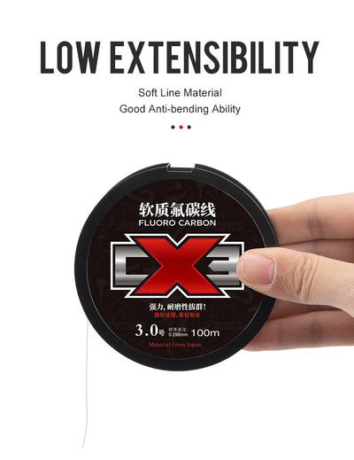 Fluorocarbon fishing line spool held by hand, labeled 3.0 and 100m