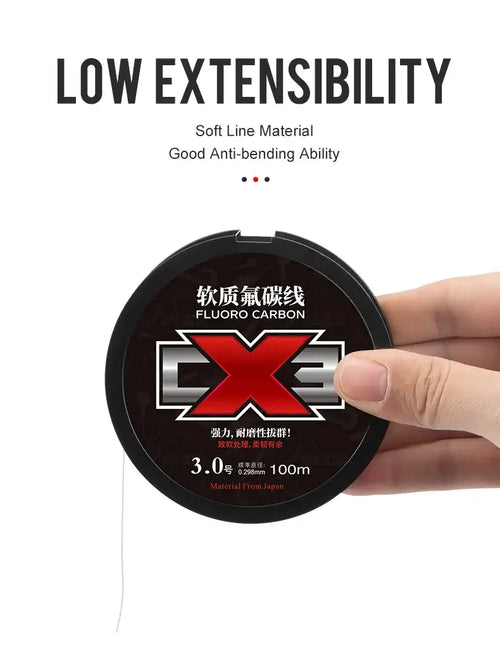 Fluorocarbon fishing line spool held by hand, labeled 3.0 and 100m