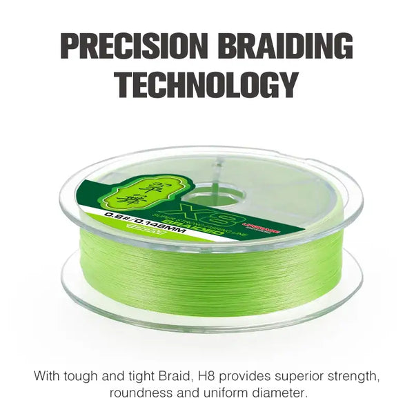 Green braided fishing line on clear spool with product label