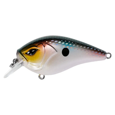 Silver and olive crankbait lure with speckled pattern, yellow mouth, and two hooks