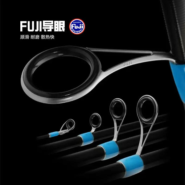 Spinning fishing rod guides on blue-and-black blank with large Fuji-style ring