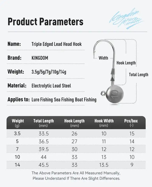 Triple edged lead head jig hook size guide showing weight and hook dimensions