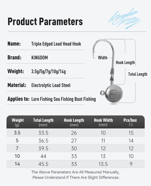 Triple edged lead head jig hook size guide showing weight and hook dimensions