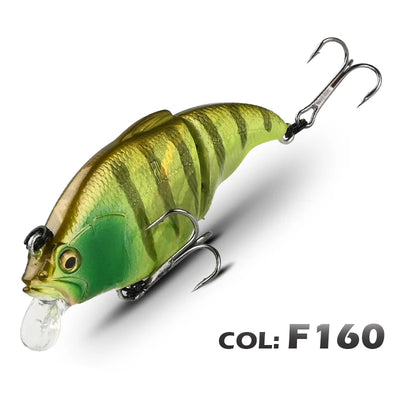 Green striped vibration fishing lure with clear lip, 3D-style eye, and two treble hooks