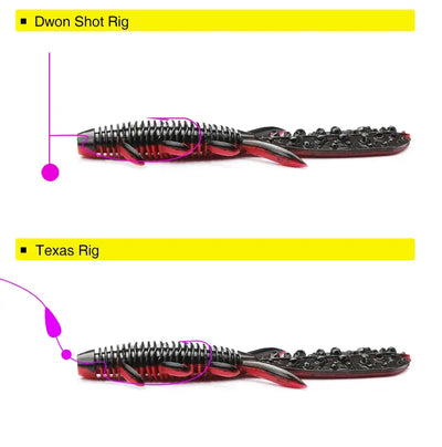 Red and black shrimp soft lure shown on drop-shot and Texas rig setups