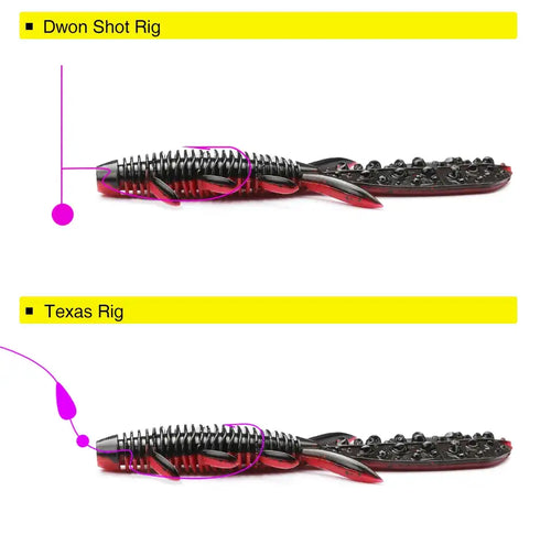 Red and black shrimp soft lure shown on drop-shot and Texas rig setups