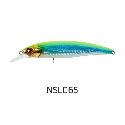 Green-blue floating minnow jerkbait with pointed lip and treble hooks