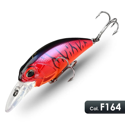 Crankbait lure with red body, black back, blue stripe pattern, and treble hooks.