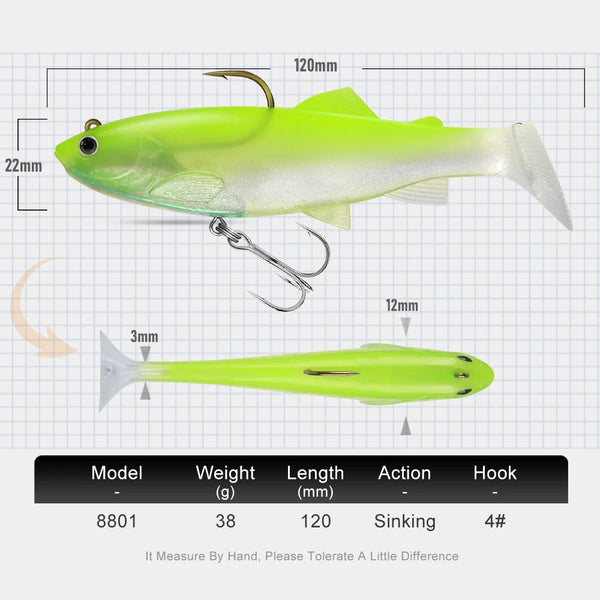 Green and silver paddle-tail swimbait soft lure shown in top and side views