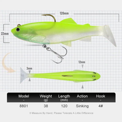 Neon green and clear paddle tail soft swimbait with lead head and treble hook