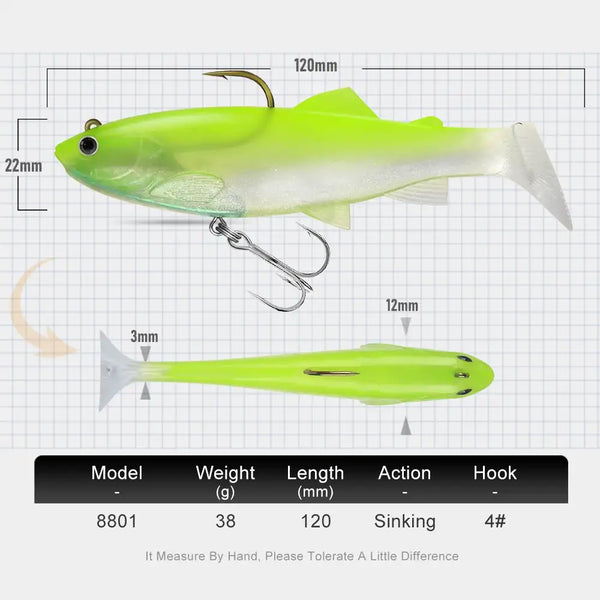 Neon green and clear paddle tail soft swimbait with lead head and treble hook