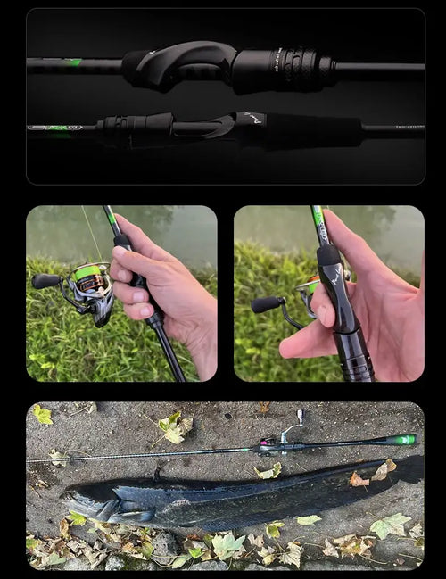 Spinning lure rod handle with reel seat and EVA grip shown from close angles