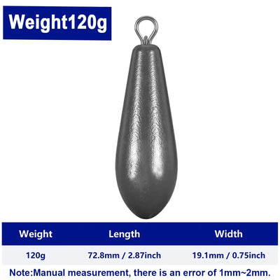 Willow leaf lead sinker 120g, gray teardrop weight with gold eyelet