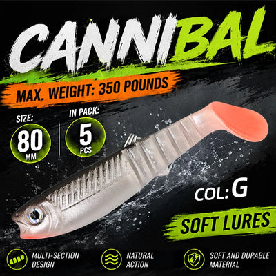 Meredith paddle tail swimbait set, 5-pack, 80mm: silvery body with orange-pink tail.
