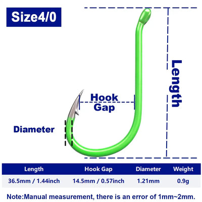 Fluorescent green circle fishing hook, size 4/0, offset beak, barbed