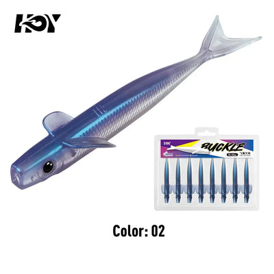 Blue fork-tail soft silicone sinking lure with speckled pattern and large eye