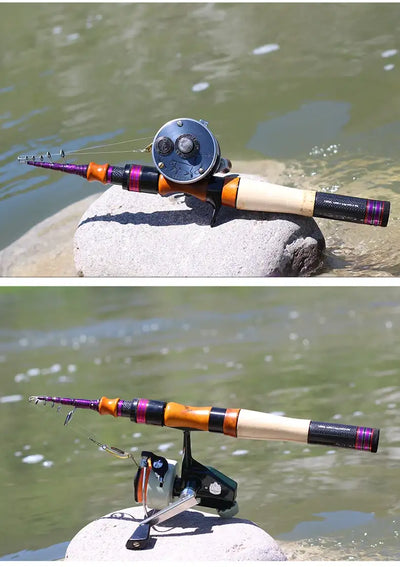 Telescopic fishing rod held over rocks near water, reel and guides visible