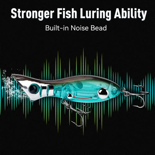 Blue-green minnow popper fishing lure with treble hooks