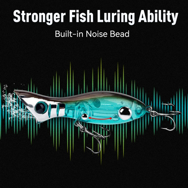 Blue-green minnow popper fishing lure with treble hooks