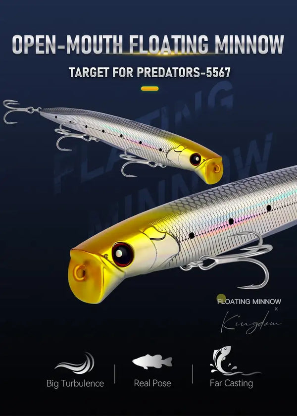 Open-mouth floating minnow lure with yellow head and silver body, treble hooks