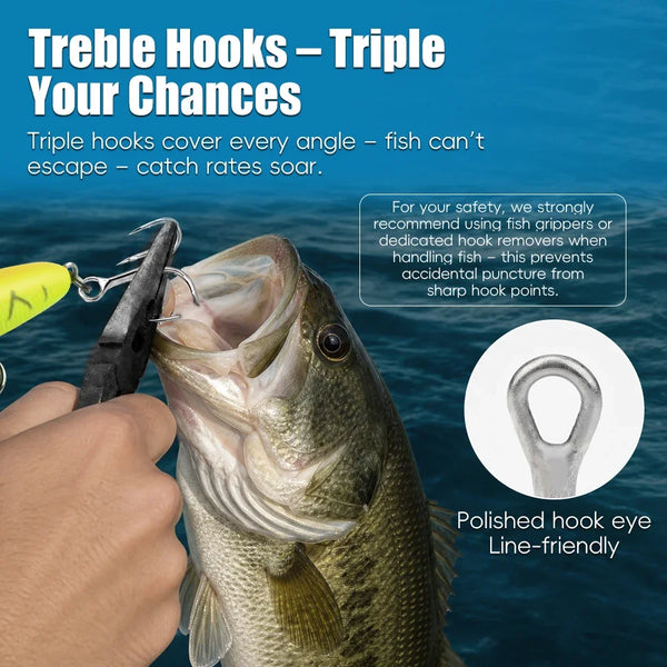 Polished-eye treble fishing hook for line-friendly casting, sharp three-prong design