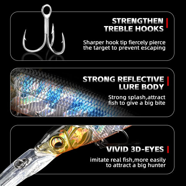 110mm minnow lure detail view, reflective body with lifelike 3D eyes and treble hook