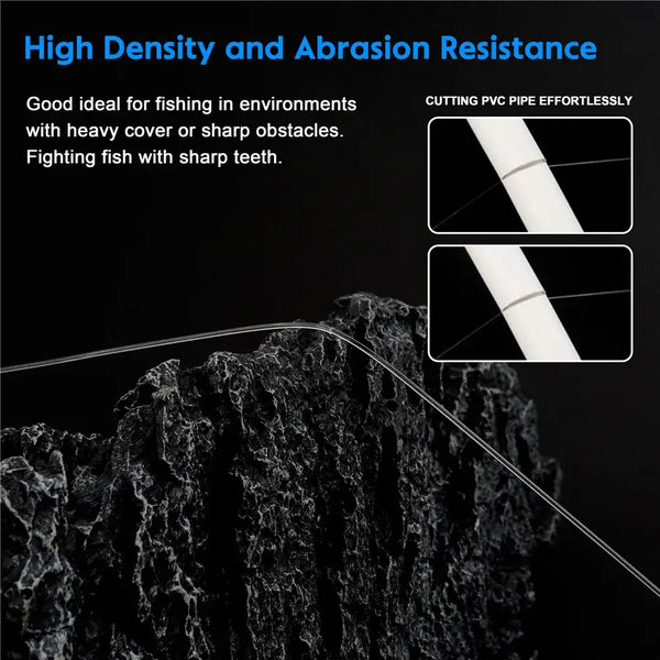 Fluorocarbon fishing leader line with abrasion-resistant performance over rough surface